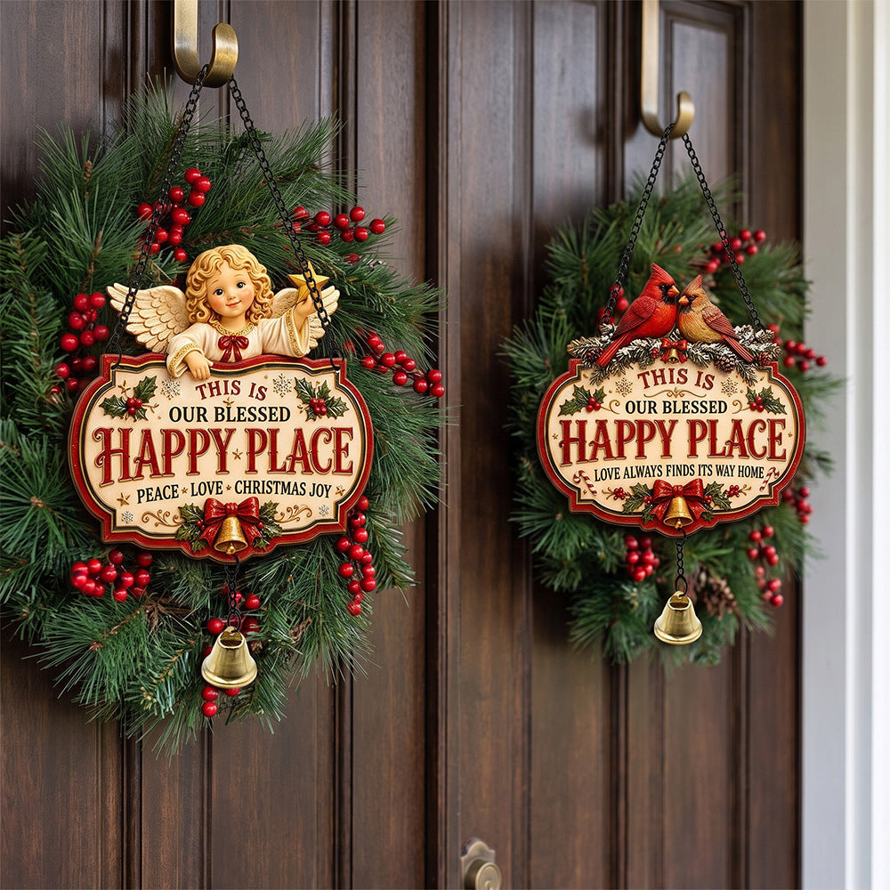 2D Printed Christmas Happy Place Wooden Door Sign Decor