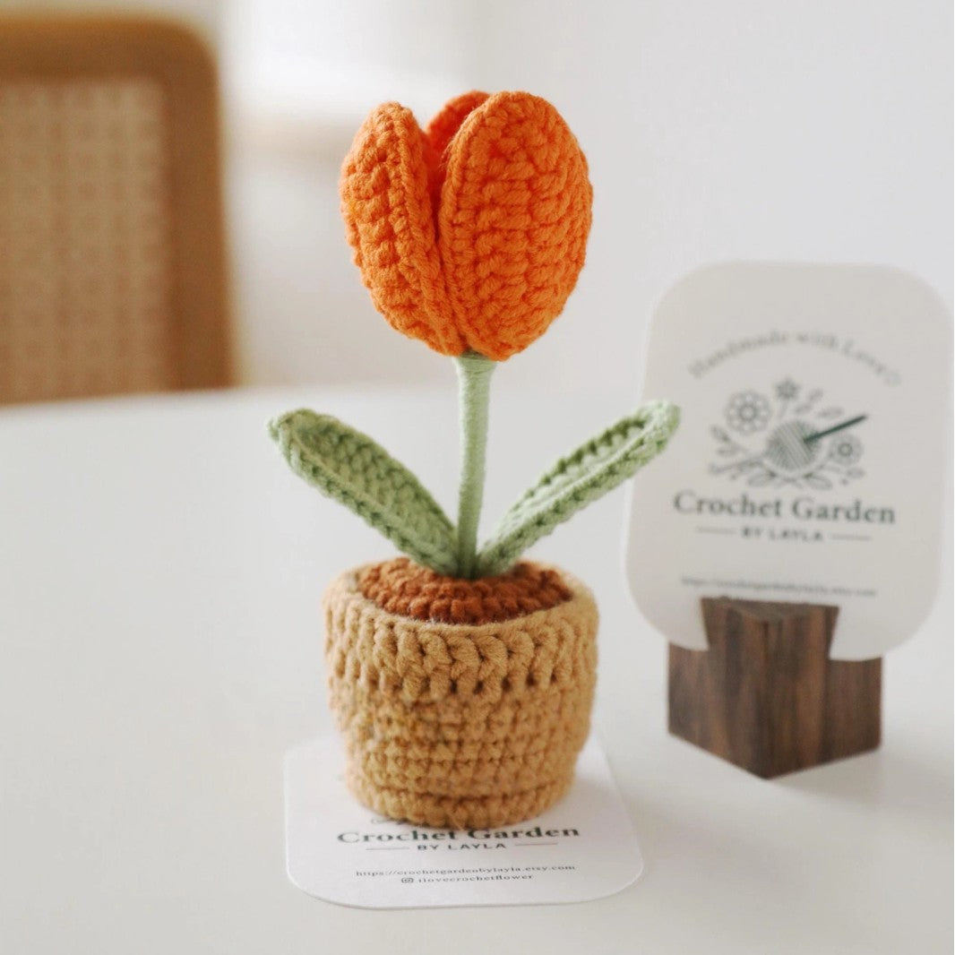 Crochet Tulip in Pot Handmade Mini Flower Decorative Accent