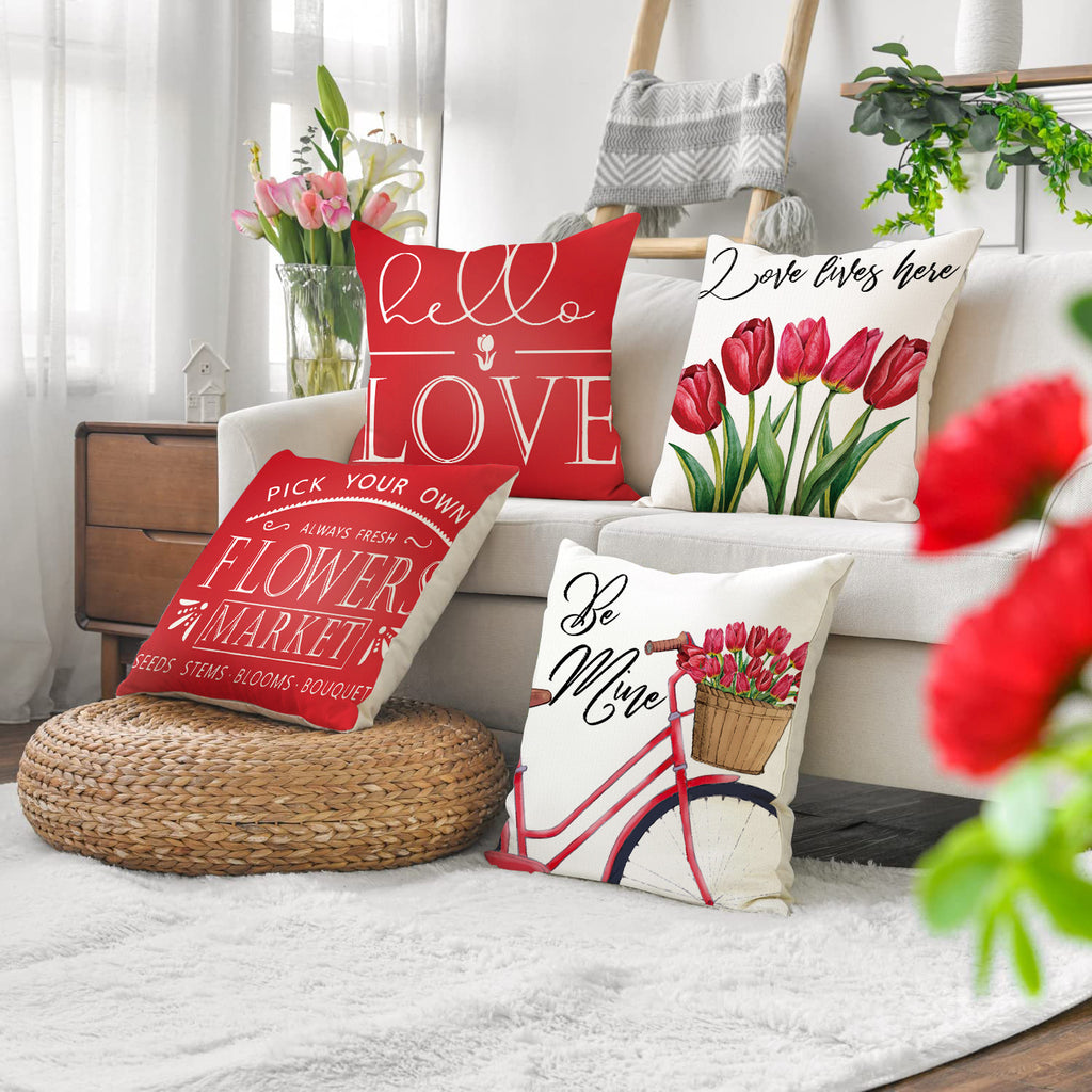 Valentine Tulip Print Linen Pillow Covers Spring Gift Decor