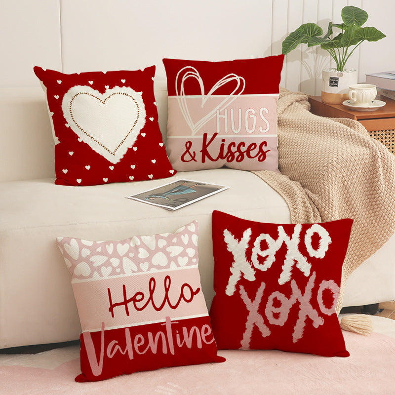 Valentine Heart Print Linen Pillow Covers Set for Home Décor