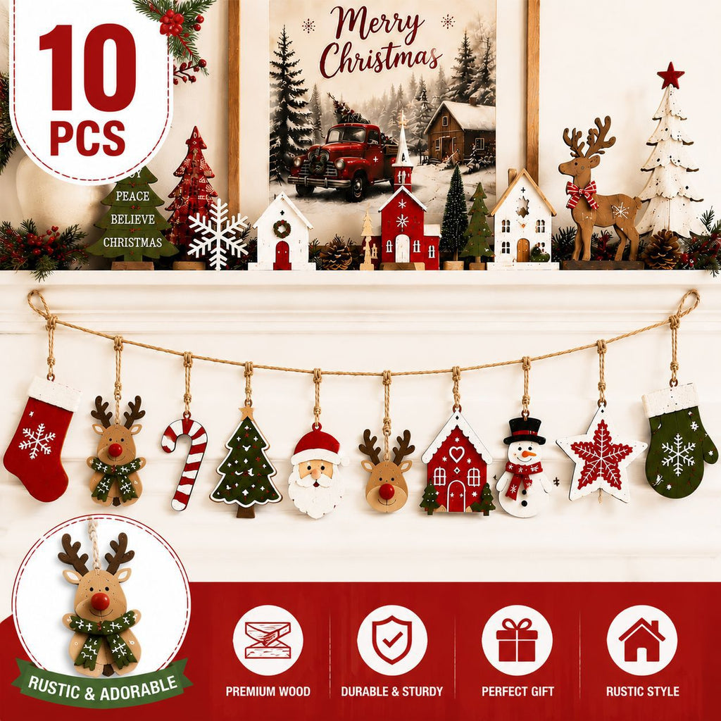 Rustic Christmas Wooden Ornaments Garland Holiday Decor