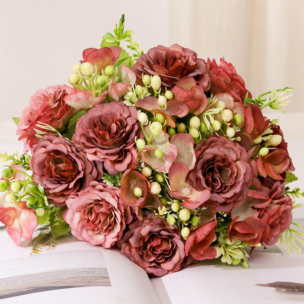 Valentines Vintage Peony Rose Bouquet Faux Floral Decor