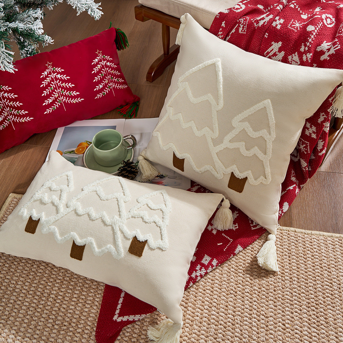Embroidered Christmas Tree Throw Pillow Cover Tassel