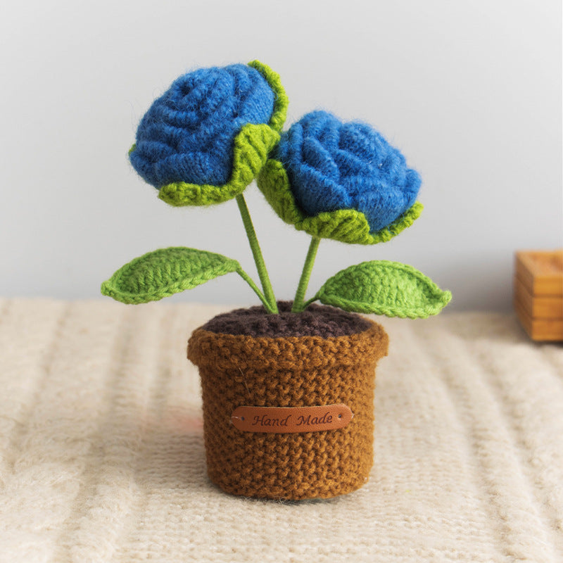Valentine Handmade Crochet Double Rose Potted Decor