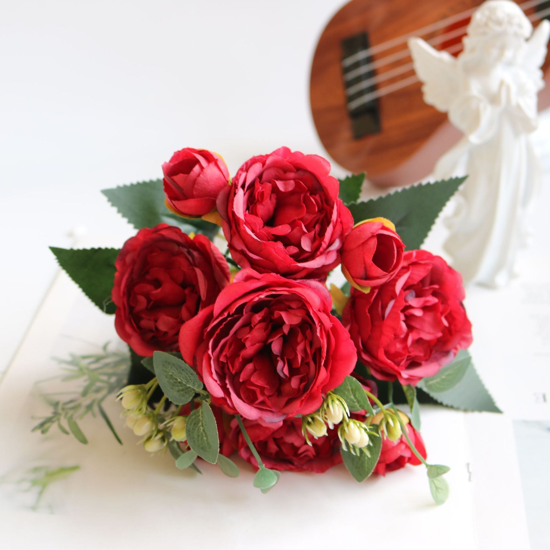 Valentine Faux Rose Peony Bouquet 5 Stems 9 Heads Home Decor