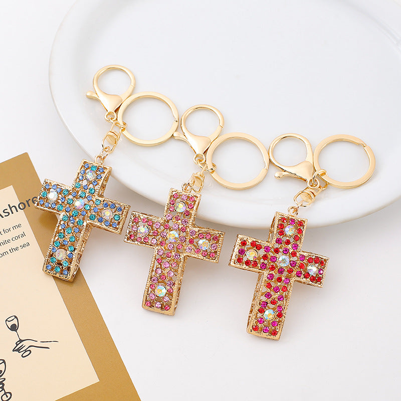 Rhinestone Cross Keychain Metal Bag Backpack Charm Gift