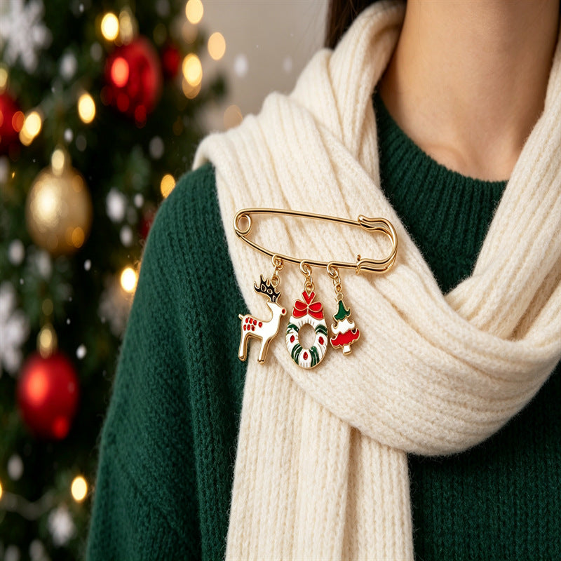 Christmas Pearl Safety Pin Brooch Holiday Jewelry