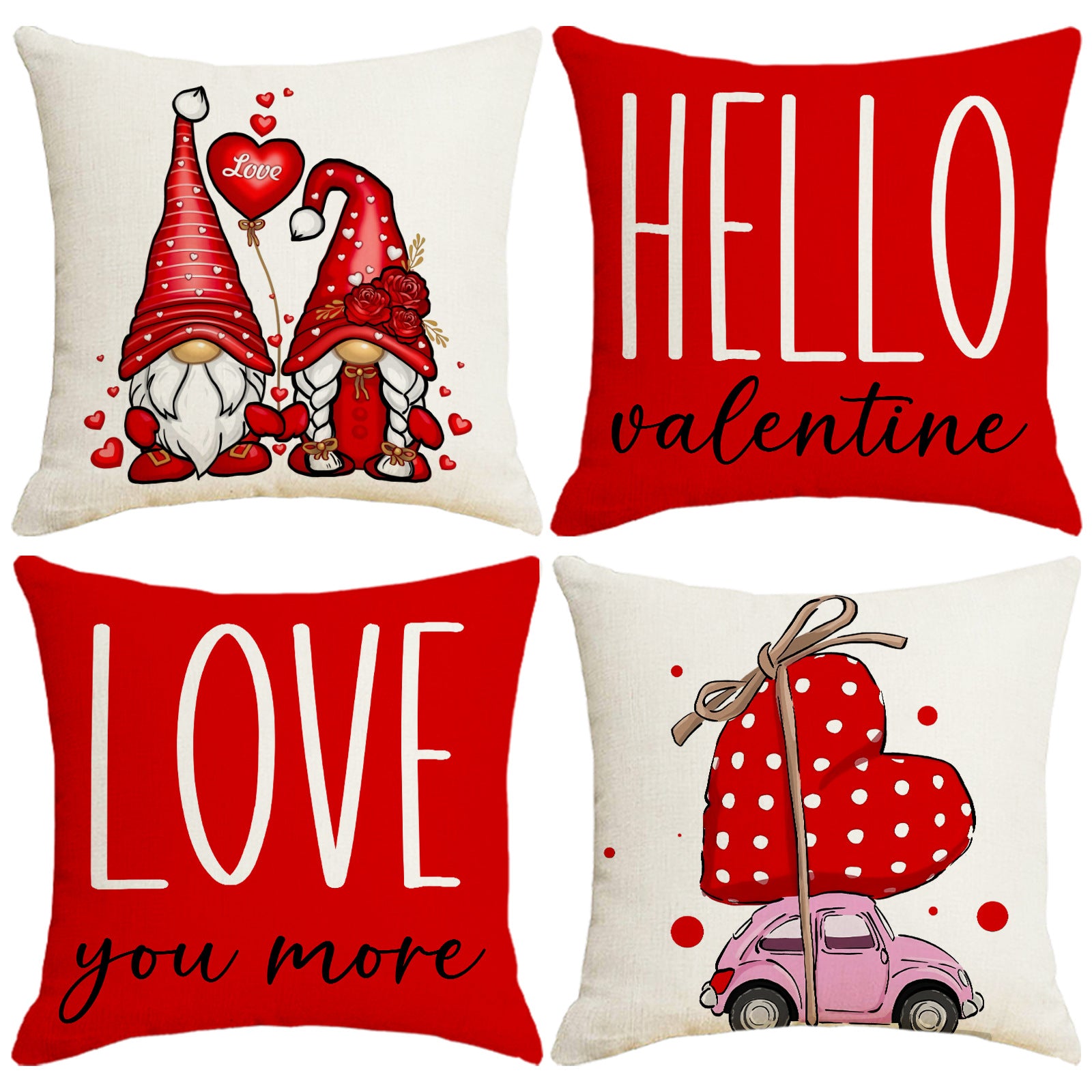 Valentine Gnome Love Heart Print Linen Pillow Cover Set