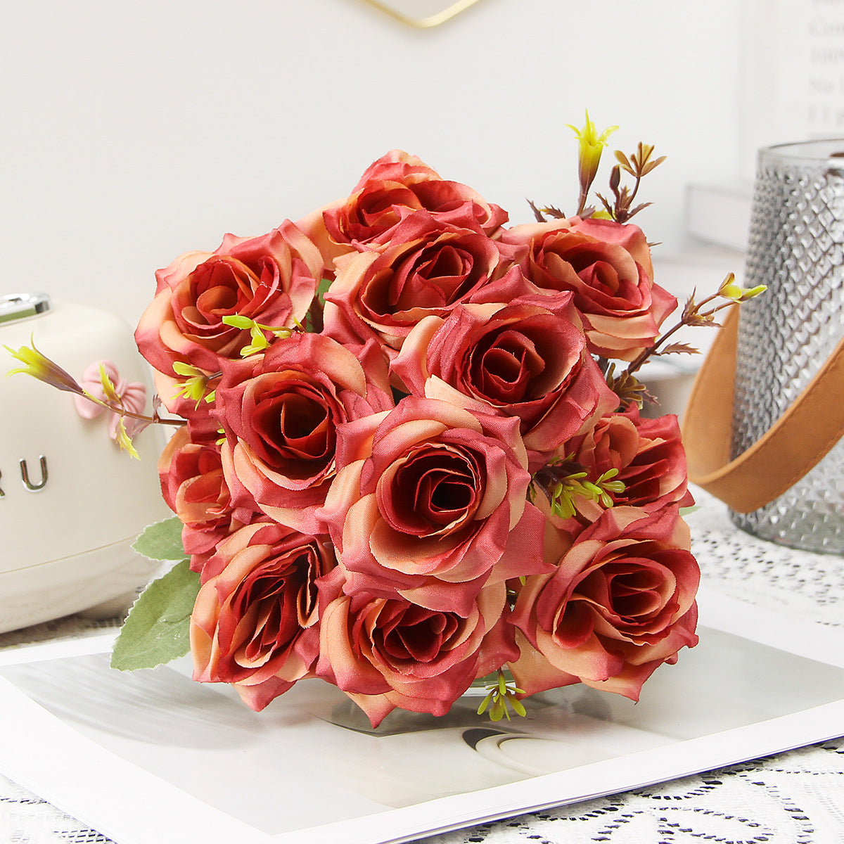 Valentine’s Day Rose Camellia Faux Floral Bouquet Home Décor