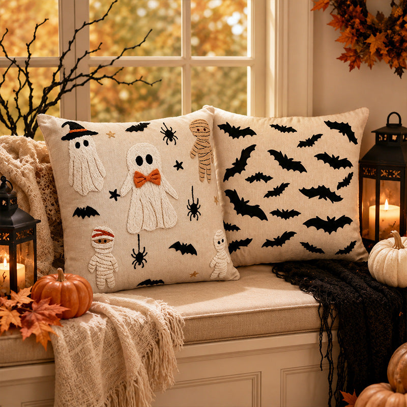 Halloween Ghost Bat Pattern Decorative Pillow Cover