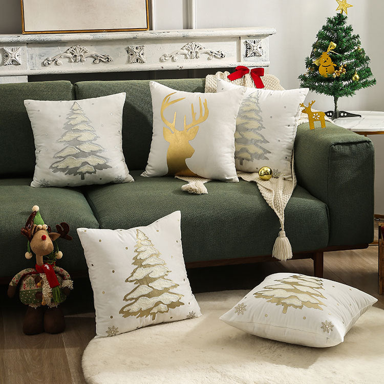 Christmas Reindeer Pillow Cover Gold Foil Tree 18x18 in