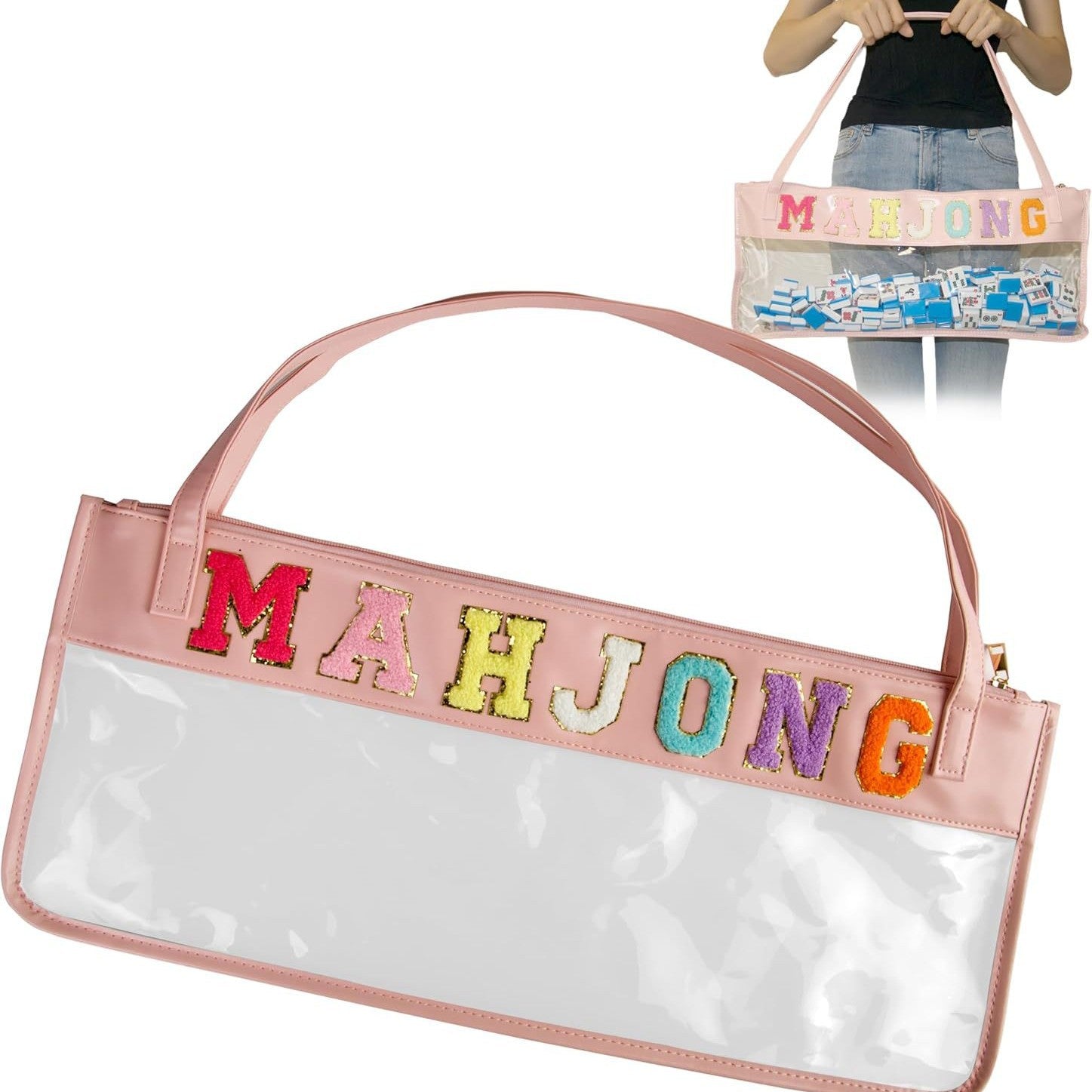 Transparent Embroidered Letter Mahjong Tote Bag