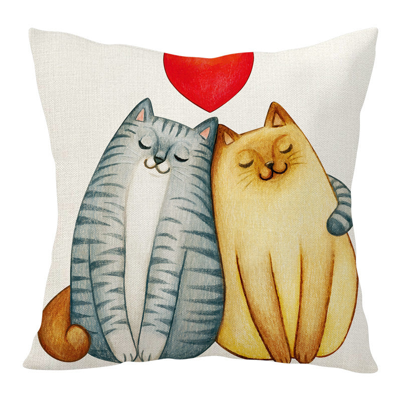 Valentine Cat Pillow Cover Nordic Linen Cute Love Cushion