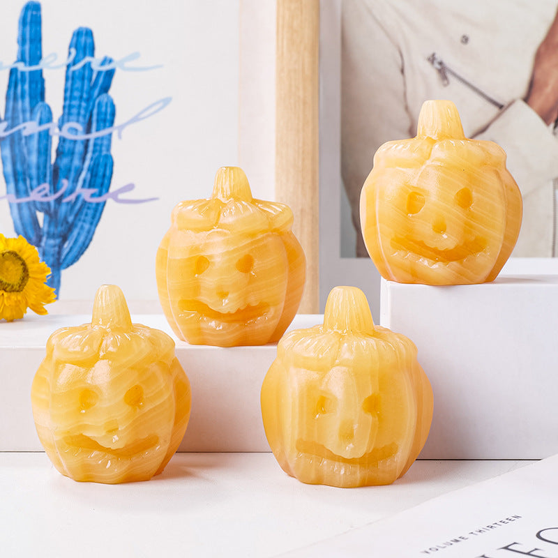 Natural Golden Soapstone Carved Pumpkin Figurine Decor