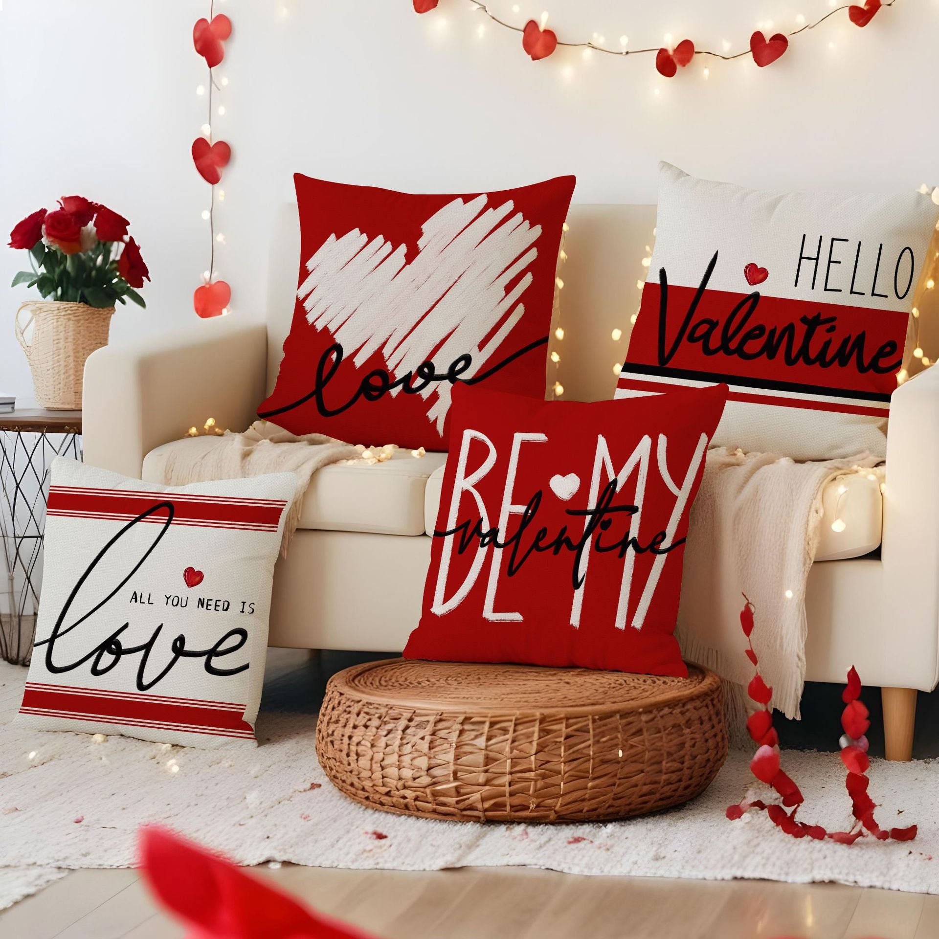 Valentine Heart Throw Pillow Cover Romantic Red Couple Decor