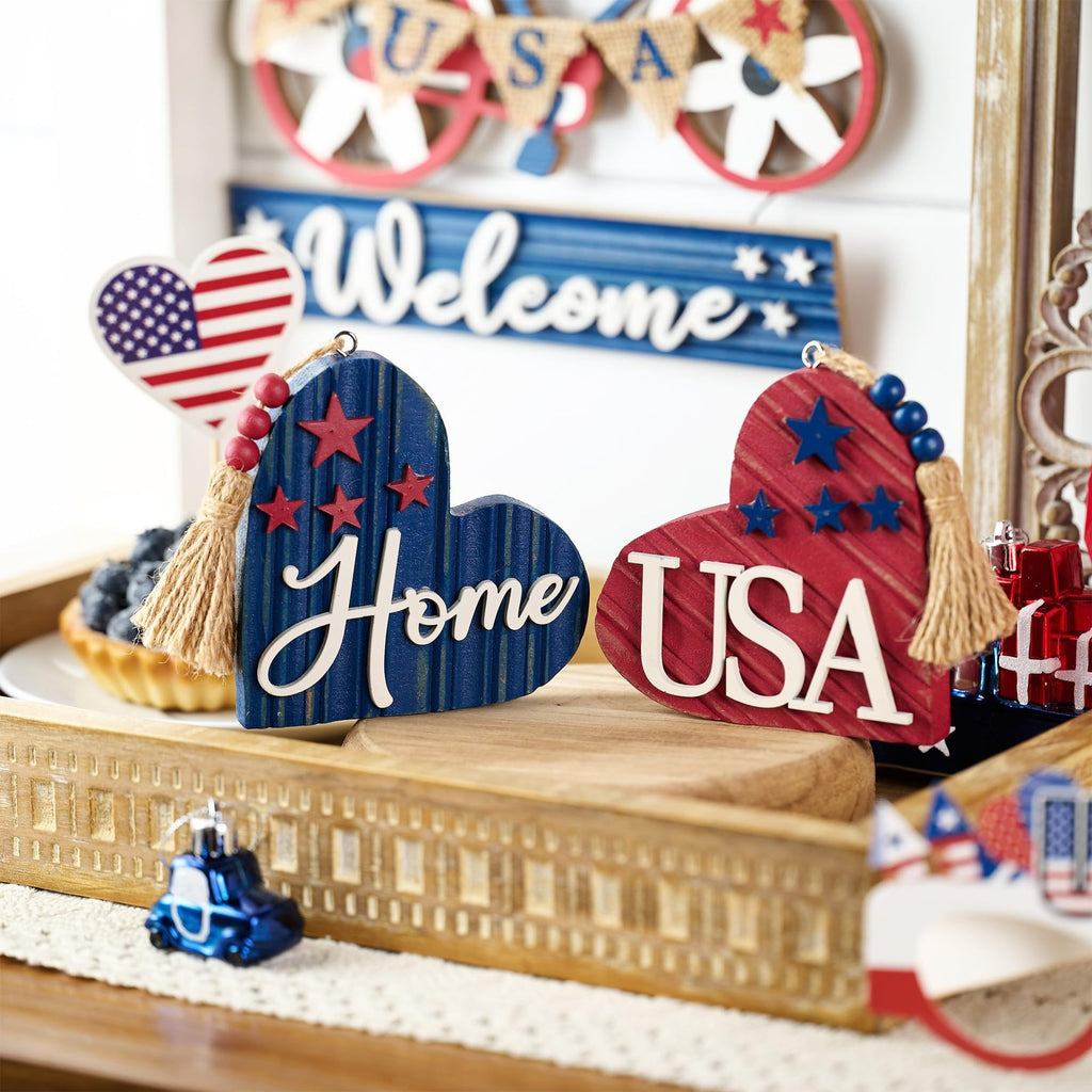 Fourth of July USA Home Heart Wooden Decor Set