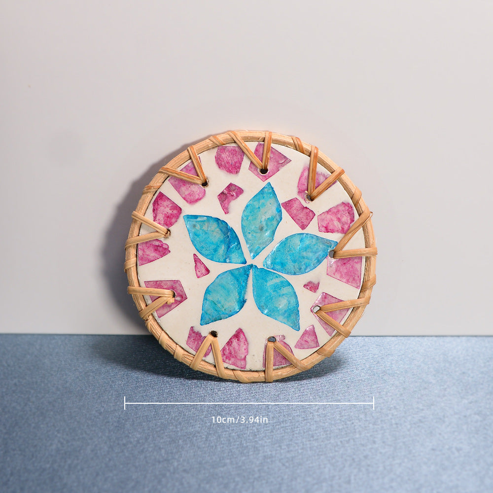 Shell Mosaic Drink Coaster Round Woven Rattan Cup Mat