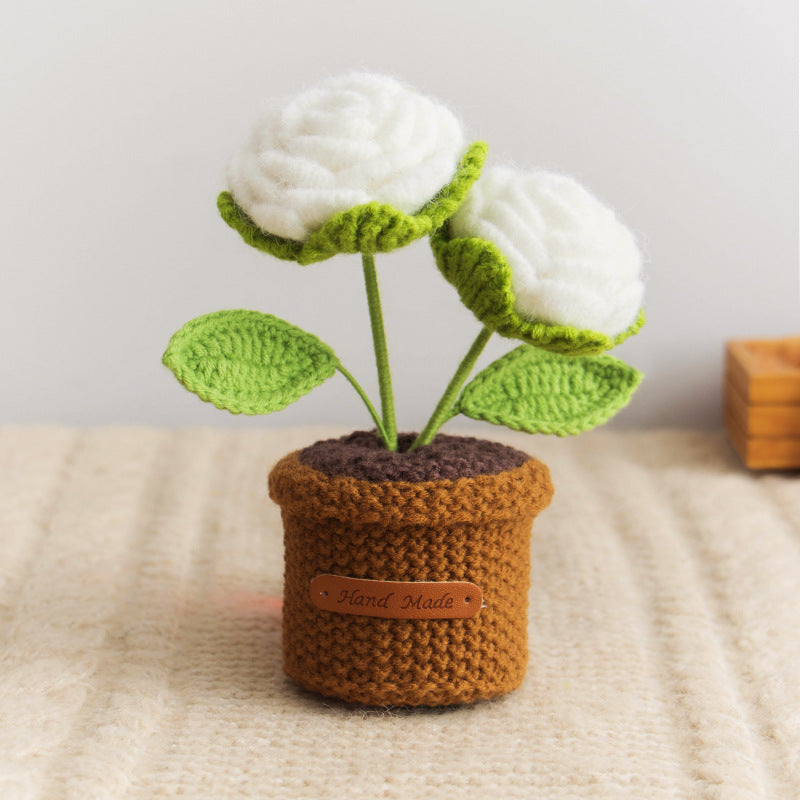 Valentine Handmade Crochet Double Rose Potted Decor