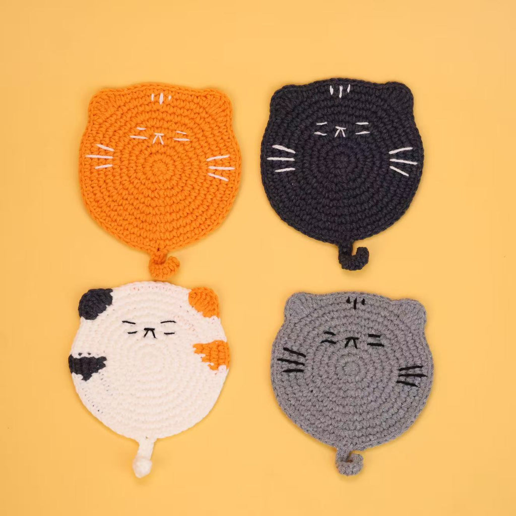 Cute Handmade Crochet Cat Coaster Round Drink Mat