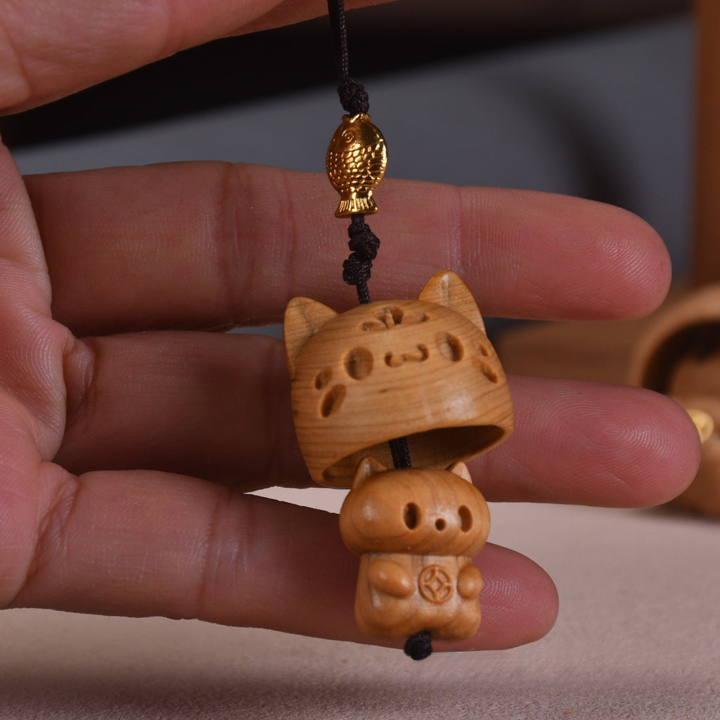 Wooden Cat Phone Charm Keychain Cute Animal Pendant