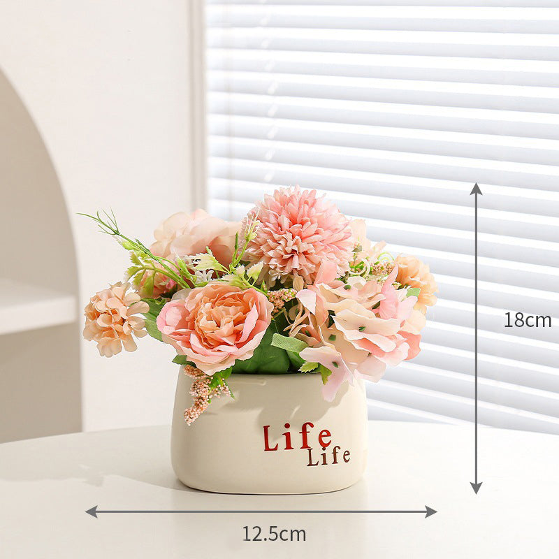 Faux Flower Pot Arrangement Ceramic Planter Decor