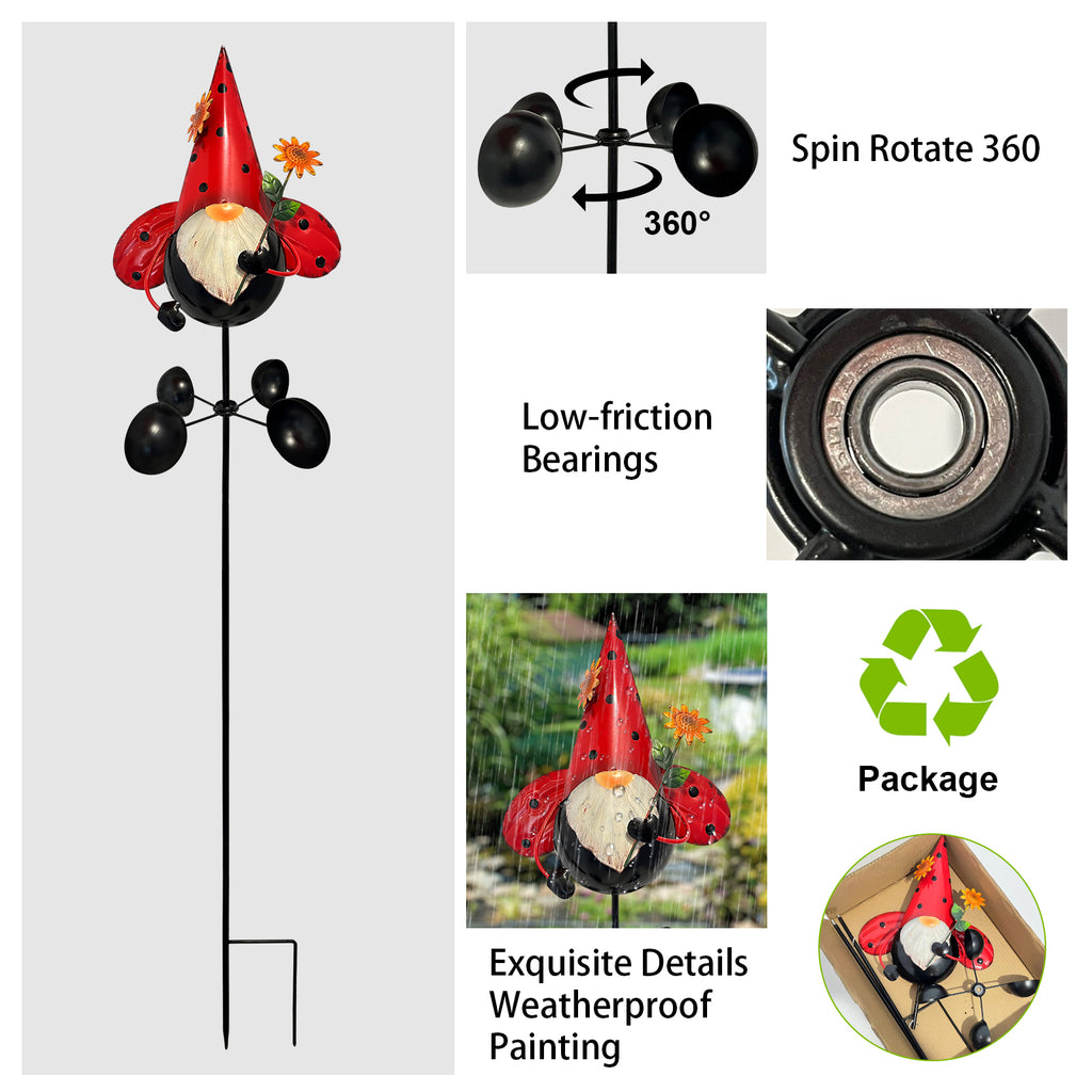 48" Ladybug Gnome Wind Spinner Garden Stake Outdoor Decor
