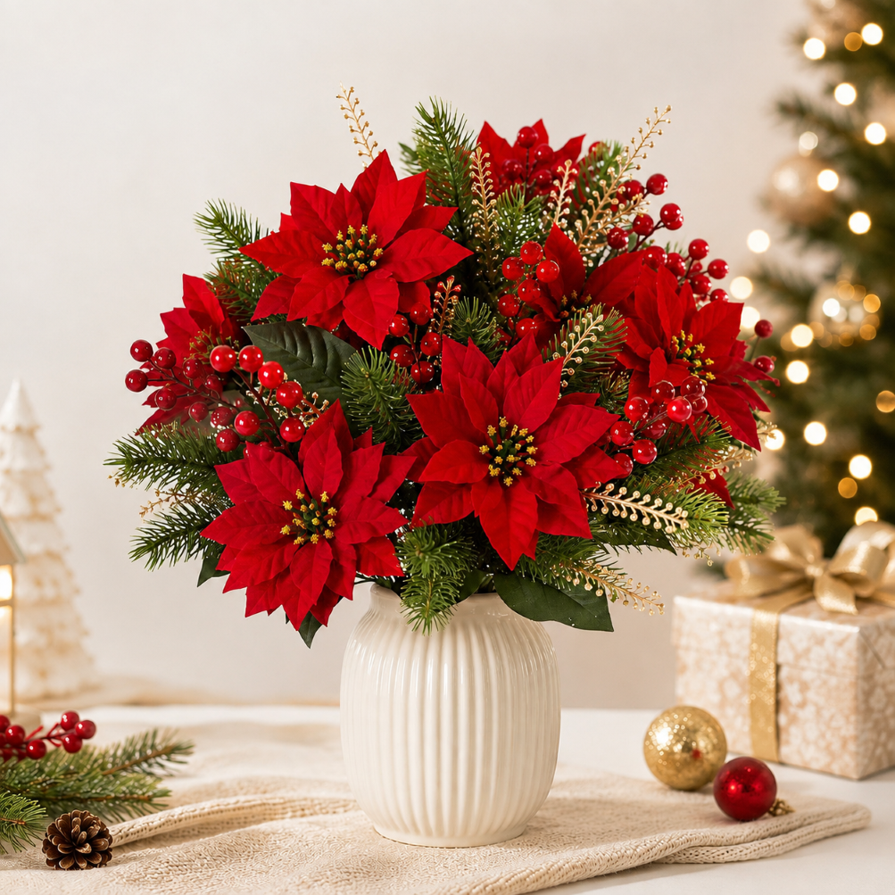 Artificial Poinsettia Christmas Flower Arrangement with Pine Berry Accents