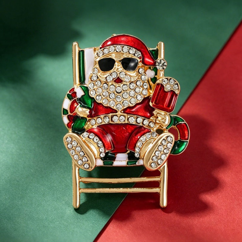 Santa Beach Chair Rhinestone Brooch Christmas Holiday Pin