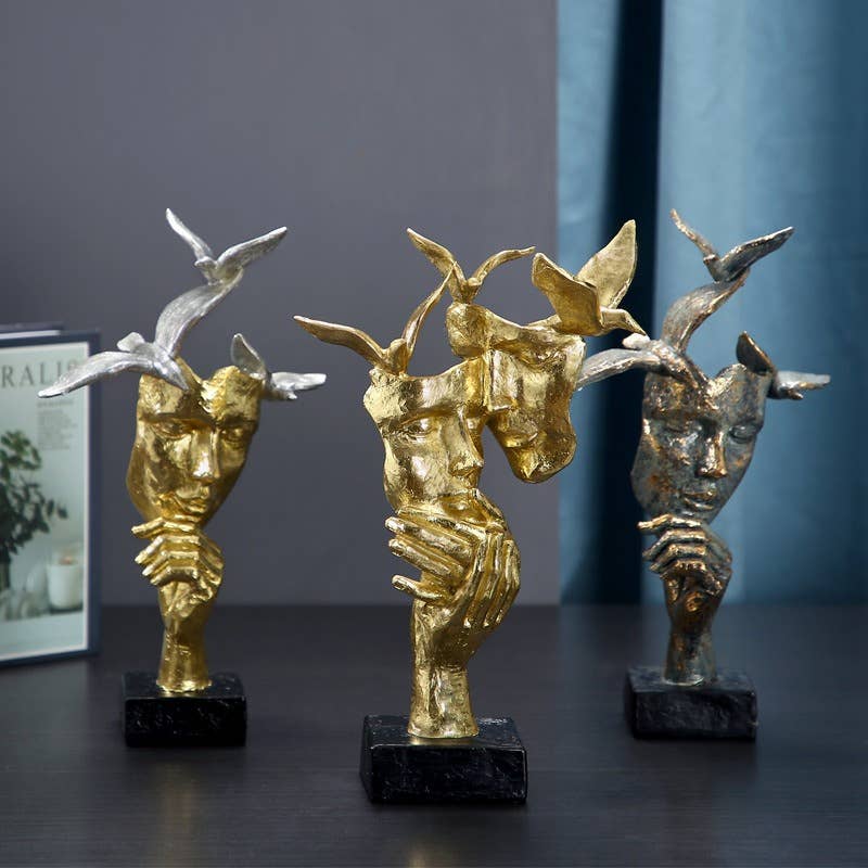 Gold Abstract Face Sculpture with Birds Modern Resin Decor