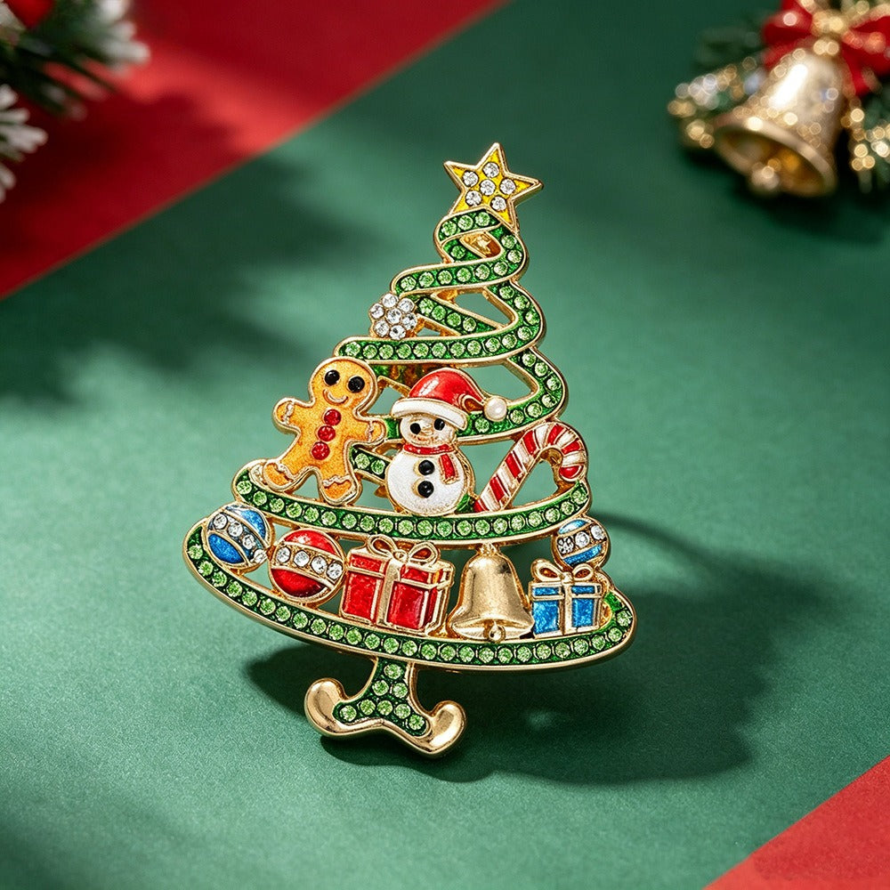 Christmas Tree Gingerbread Man Rhinestone Brooch Pin Holiday Jewelry