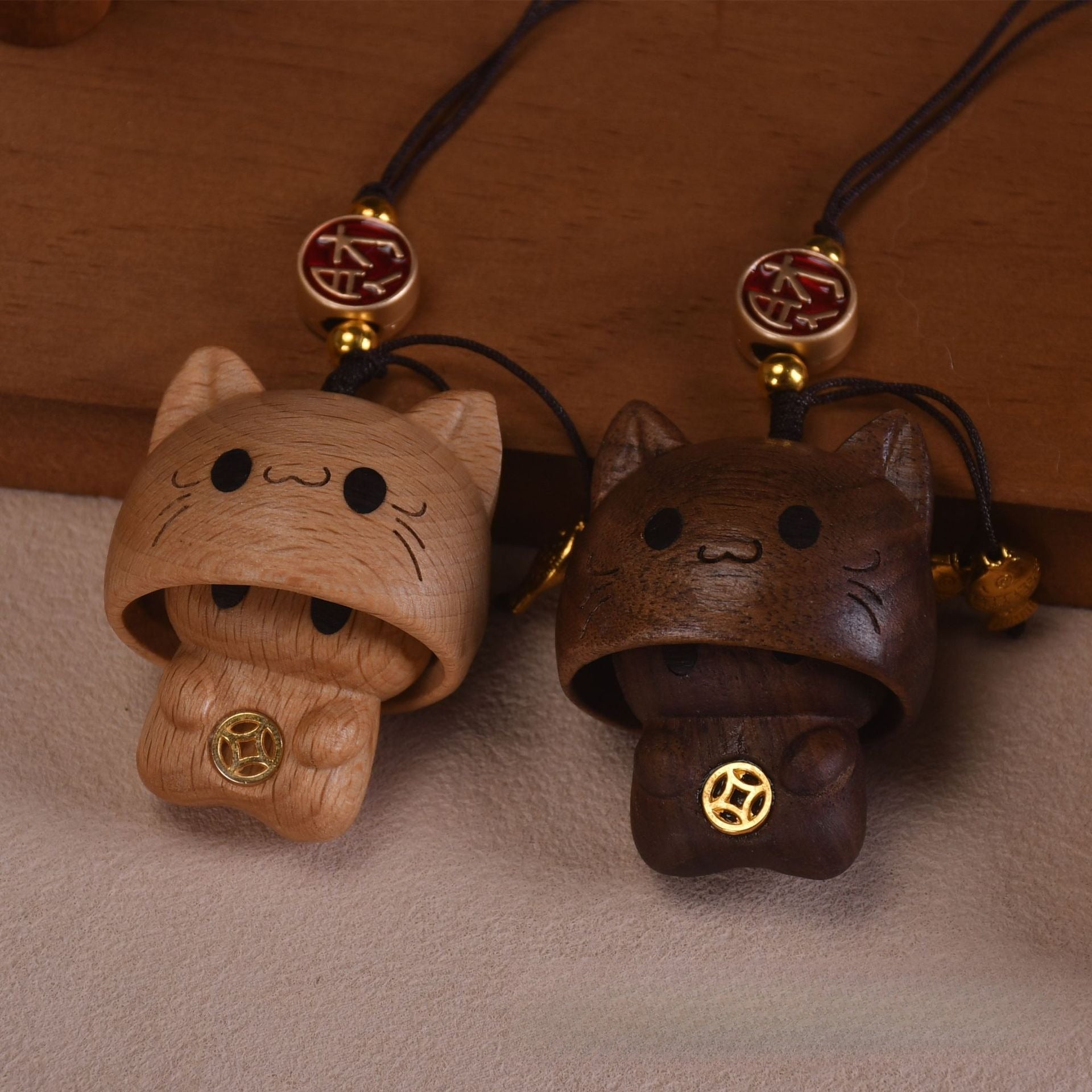 Wooden Cat Phone Charm Keychain Cute Animal Pendant