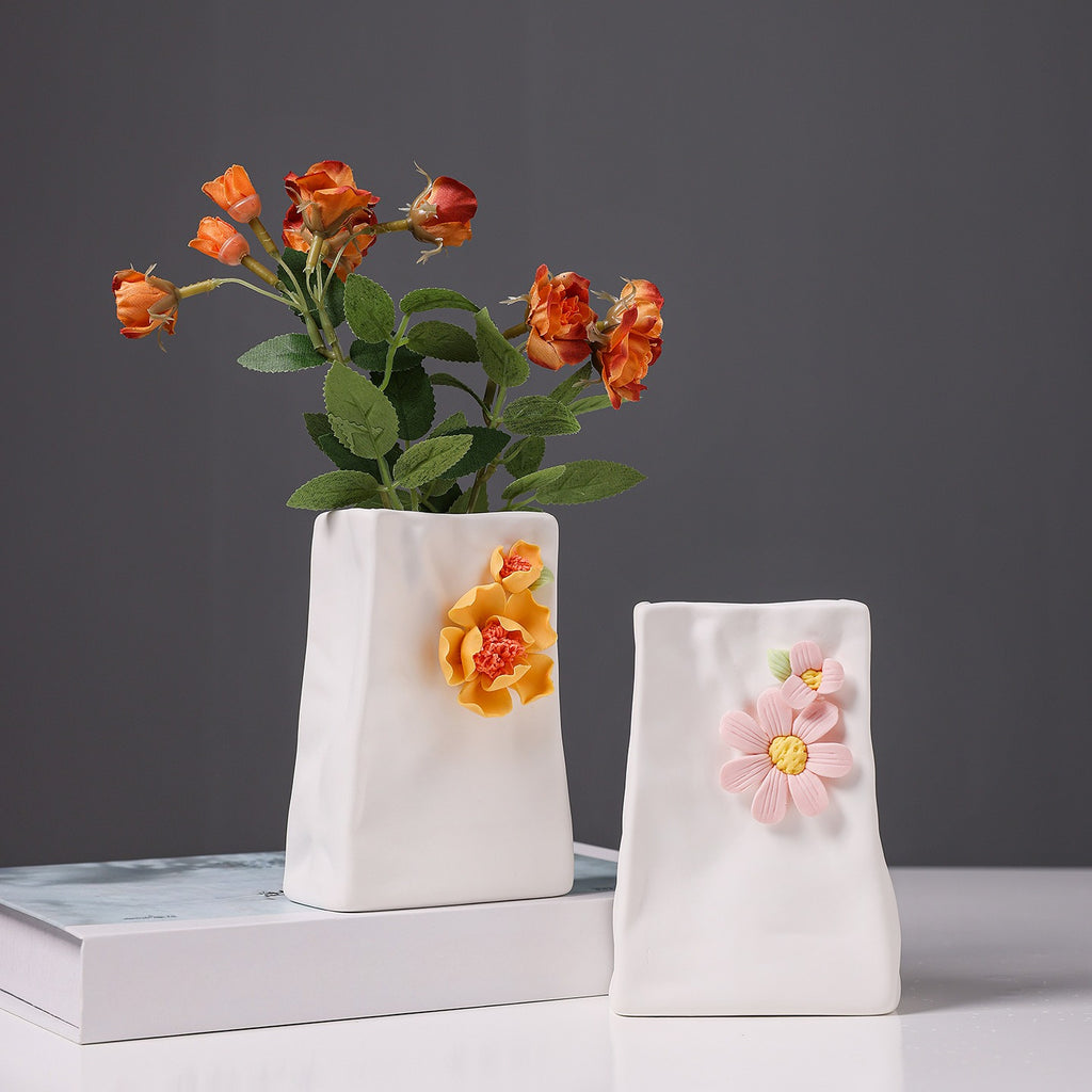 Ceramic Flower Vase Modern Floral Relief Home Decor Accent