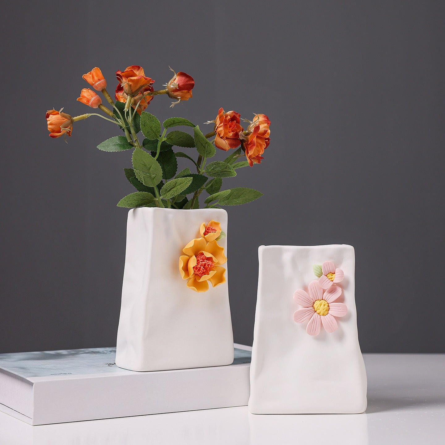 Ceramic Flower Vase Modern Floral Relief Home Decor Accent