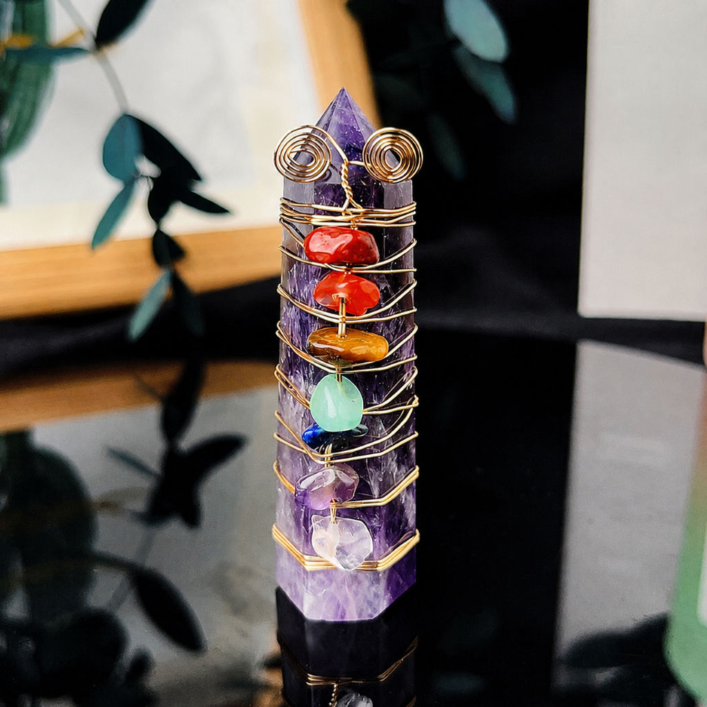 Crystal Stone Column Decor with Colorful Chips and Metal Wire