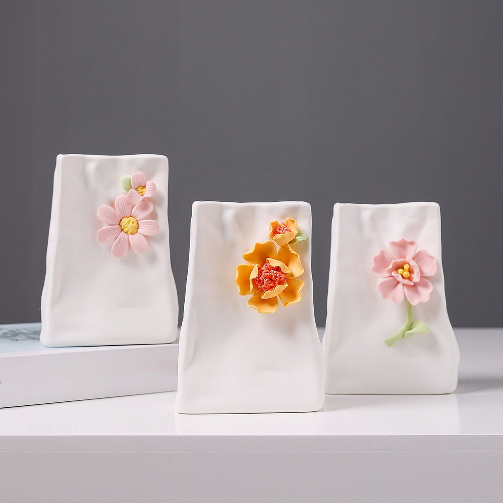 Ceramic Flower Vase Modern Floral Relief Home Decor Accent