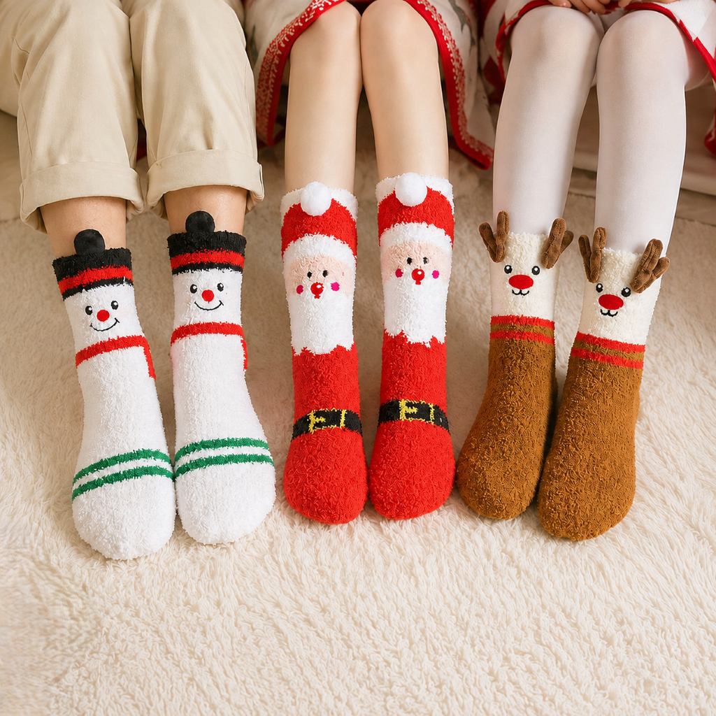Fuzzy Christmas Socks Thick Warm Plush Santa Reindeer Snowman