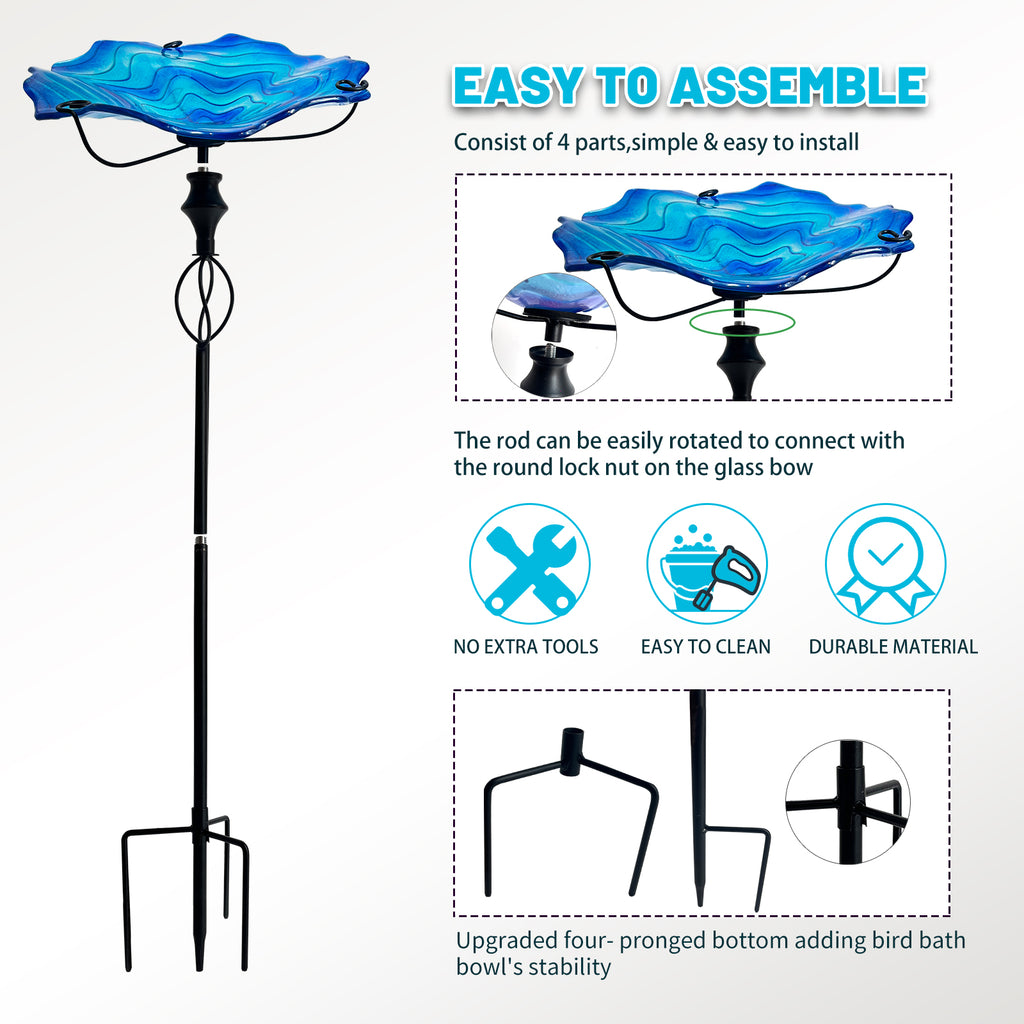 Blue Ripple Glass Bird Bath Feeder with Metal Stake