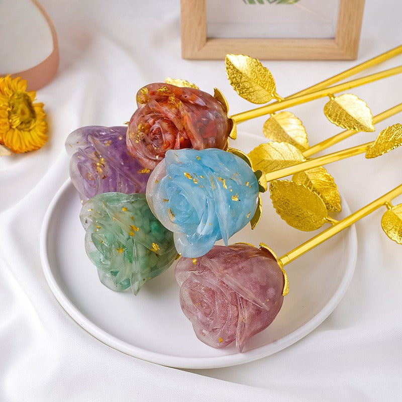 Resin Crystal Stone Flower Stem Decor with Metal Leaves