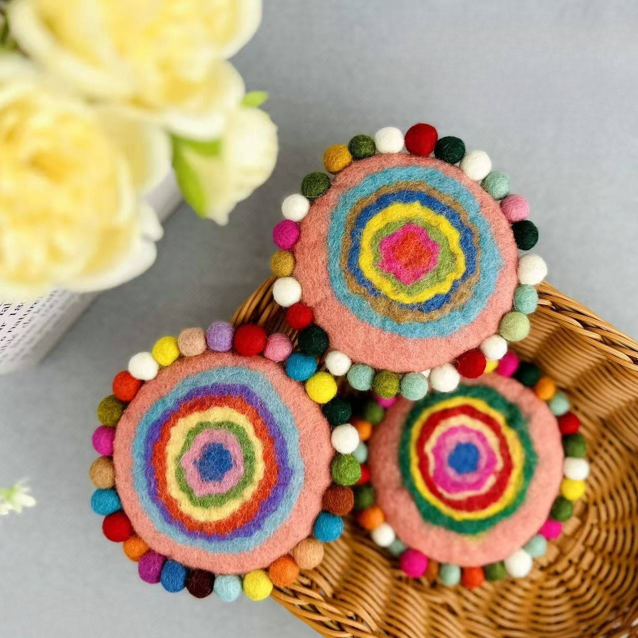 Handmade Felt Coaster Set Wool Dye Round Coasters Hot Pad Table Decor