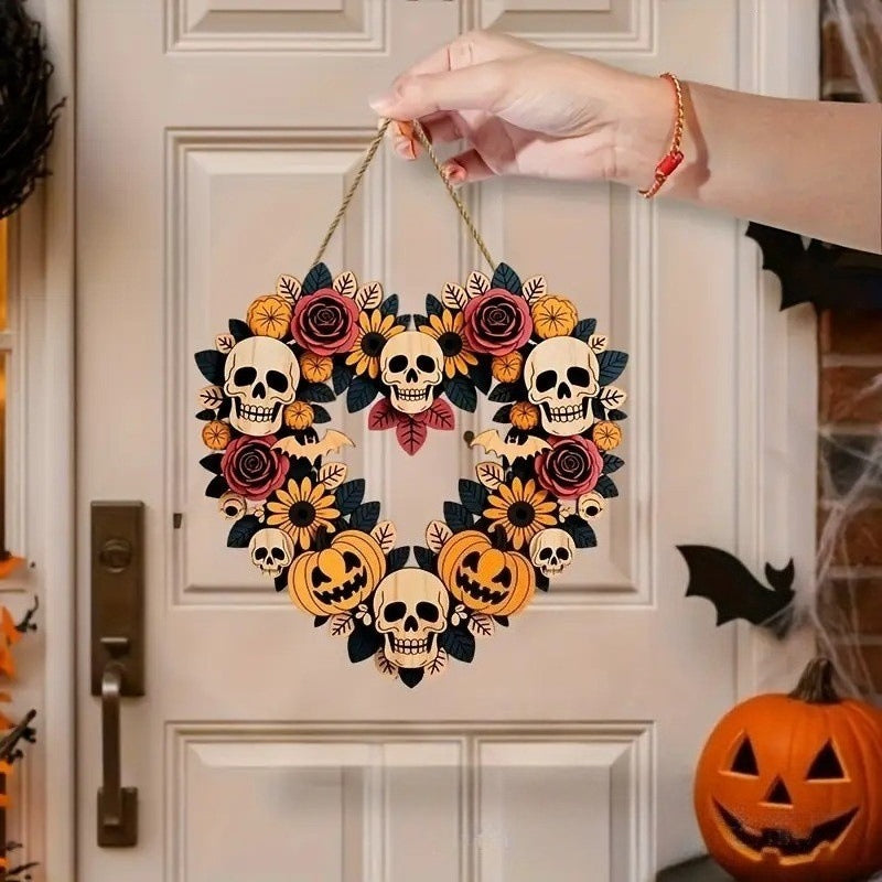 Wooden Halloween Skull Wreath Hanging Door Decor