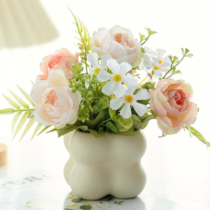 Faux Rose Flower Arrangement Ceramic Bubble Pot Decor