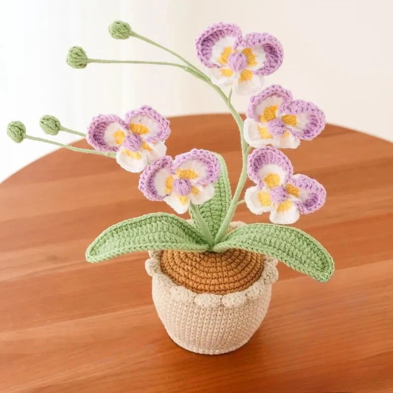 Crochet Butterfly Orchid Flower Pot Handmade Desk Decor