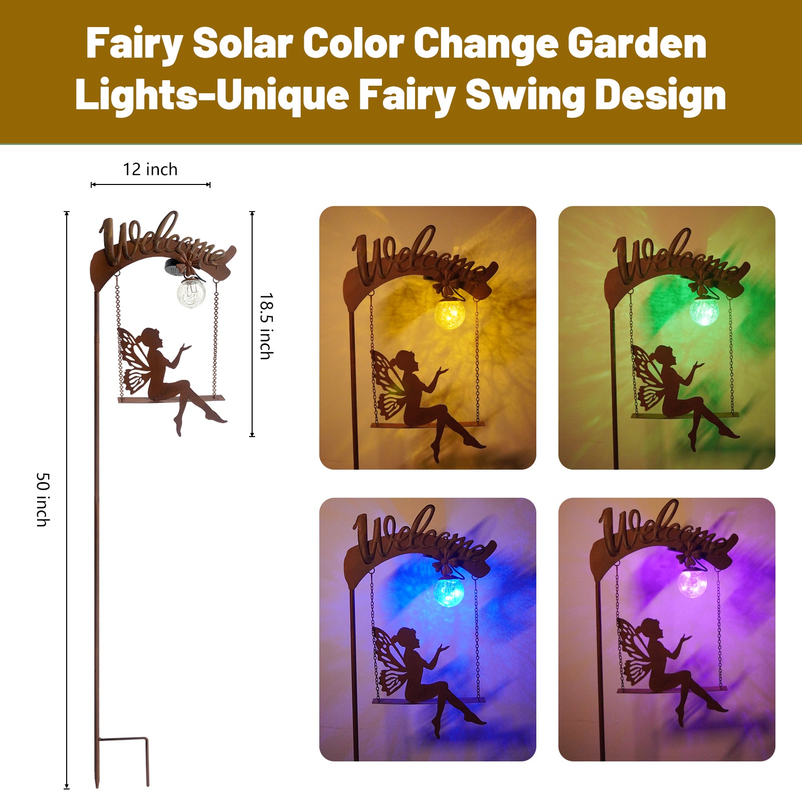 Solar Fairy Swing Light Rust Metal Welcome Garden Stake