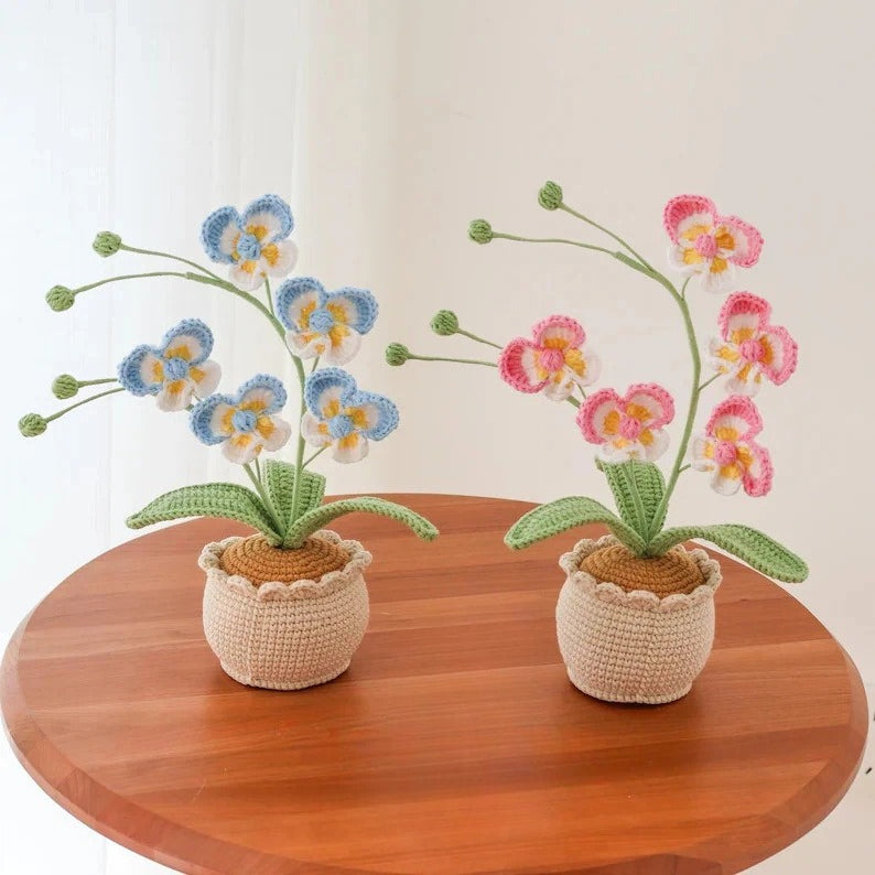 Crochet Butterfly Orchid Flower Pot Handmade Desk Decor