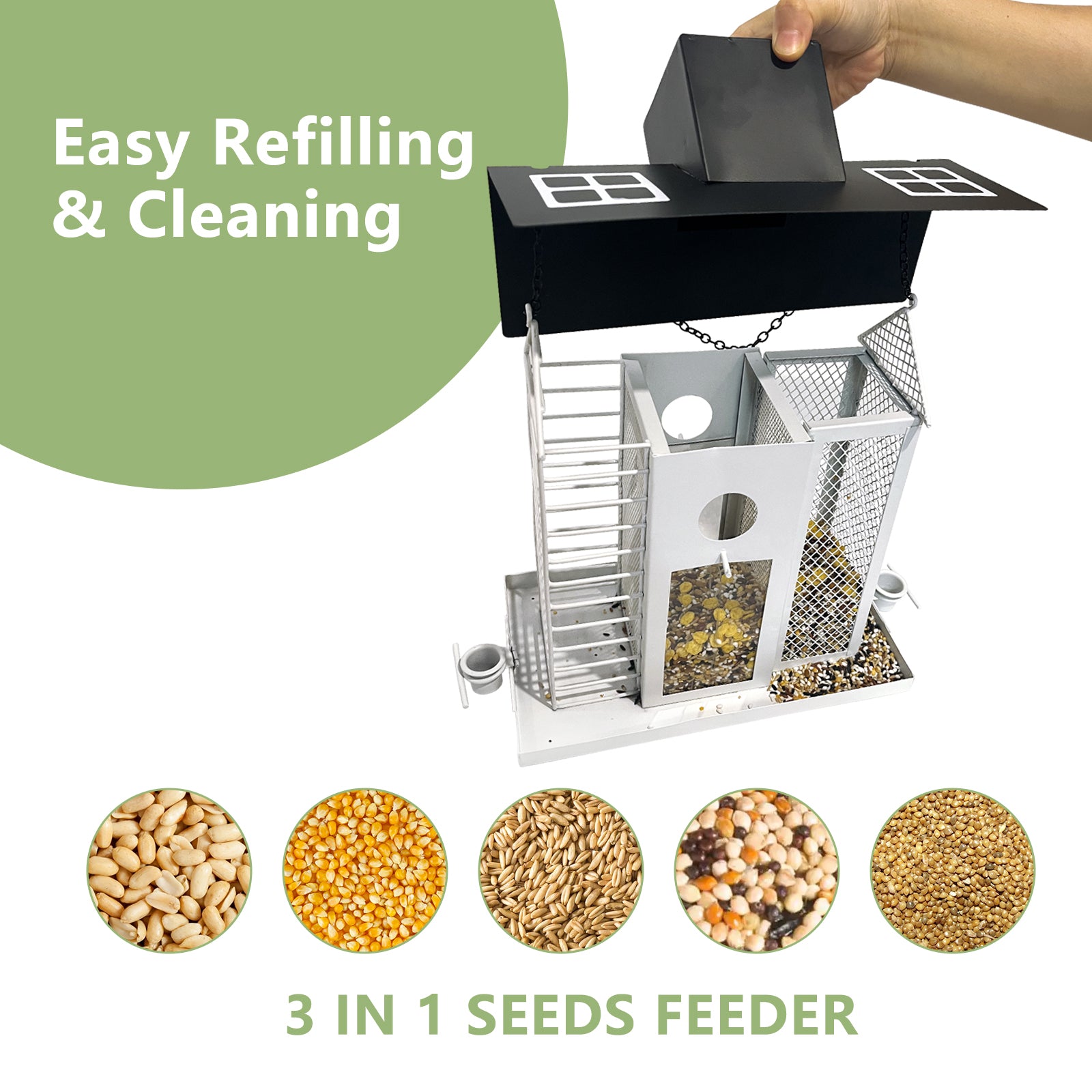 Solar Metal Bird Feeder House Black White Outdoor Decor