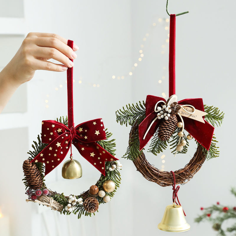 Christmas Mini Wreath Velvet Bow Pinecone Bell Ornament