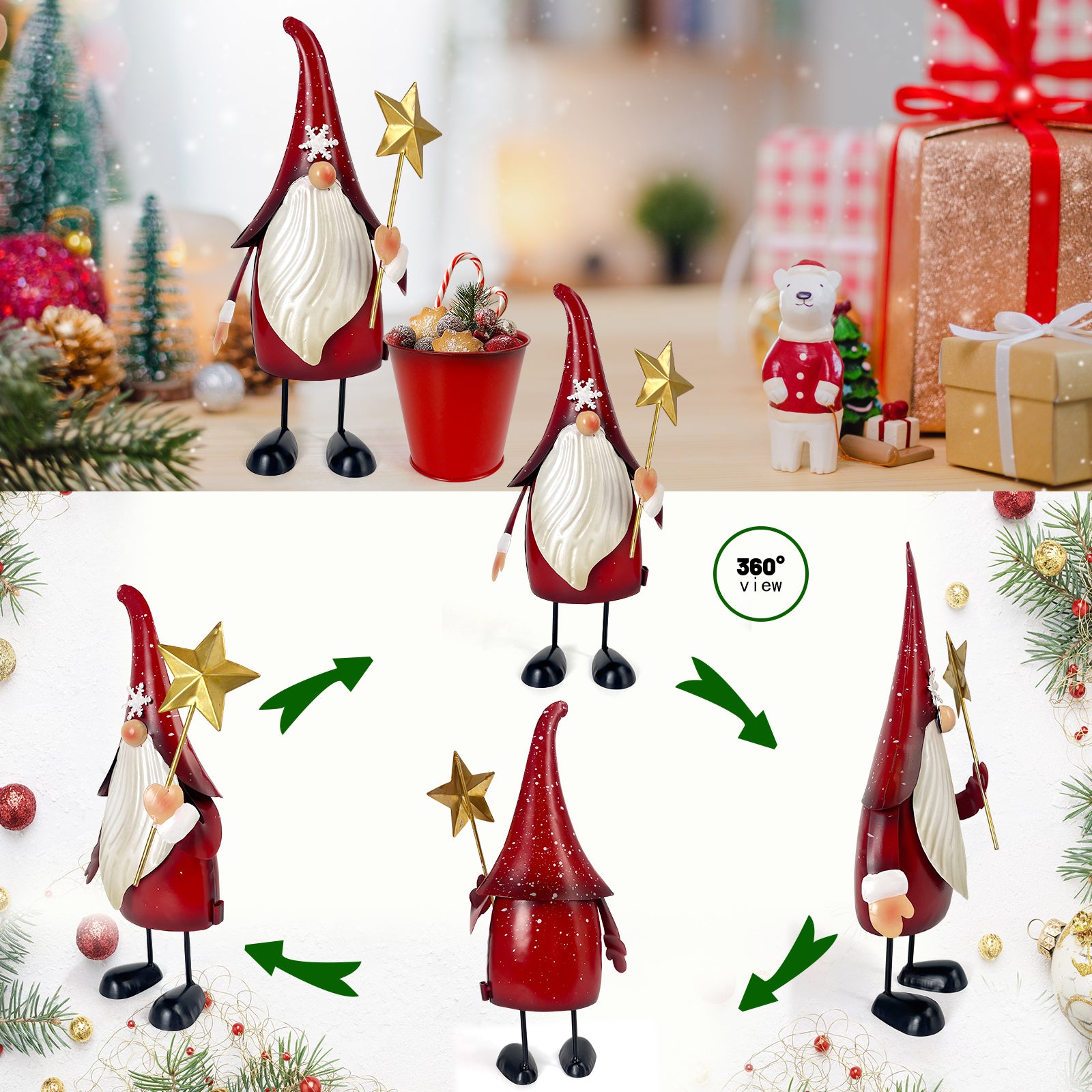 Christmas Gnome Planter Statue with Red Metal Pot 13 inch