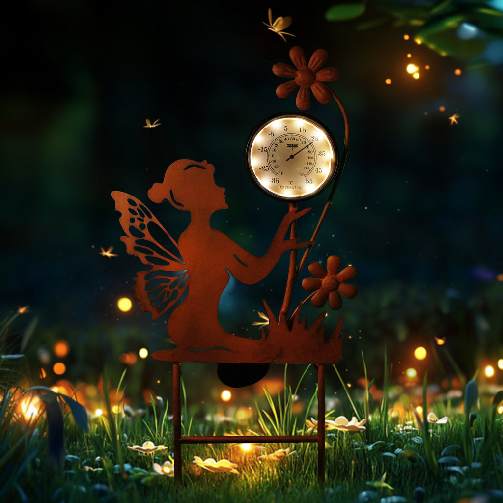 Solar Fairy Thermometer Garden Stake Outdoor Decor
