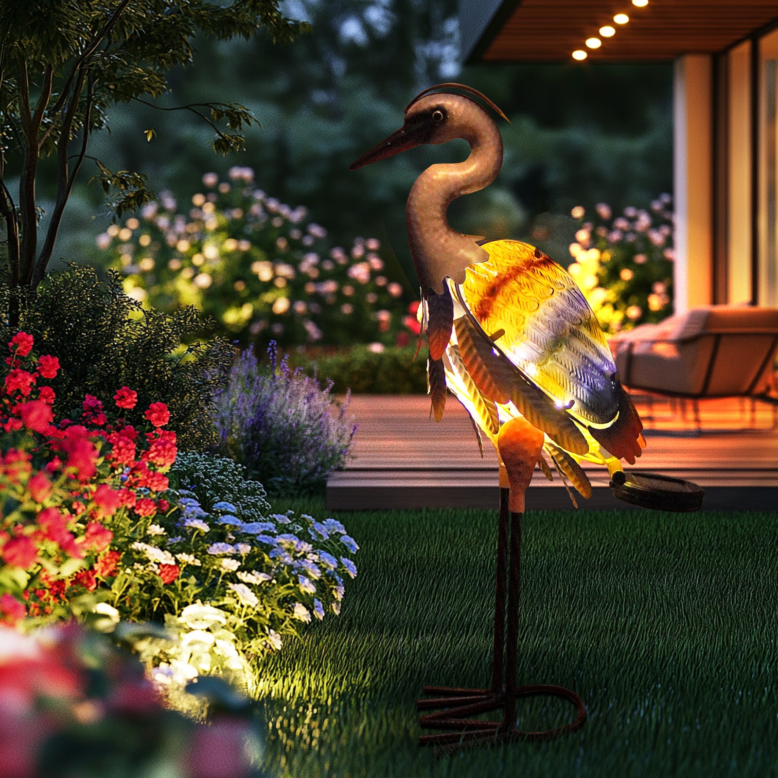 Orange Purple Solar Metal Glass Heron Garden Statue 24in