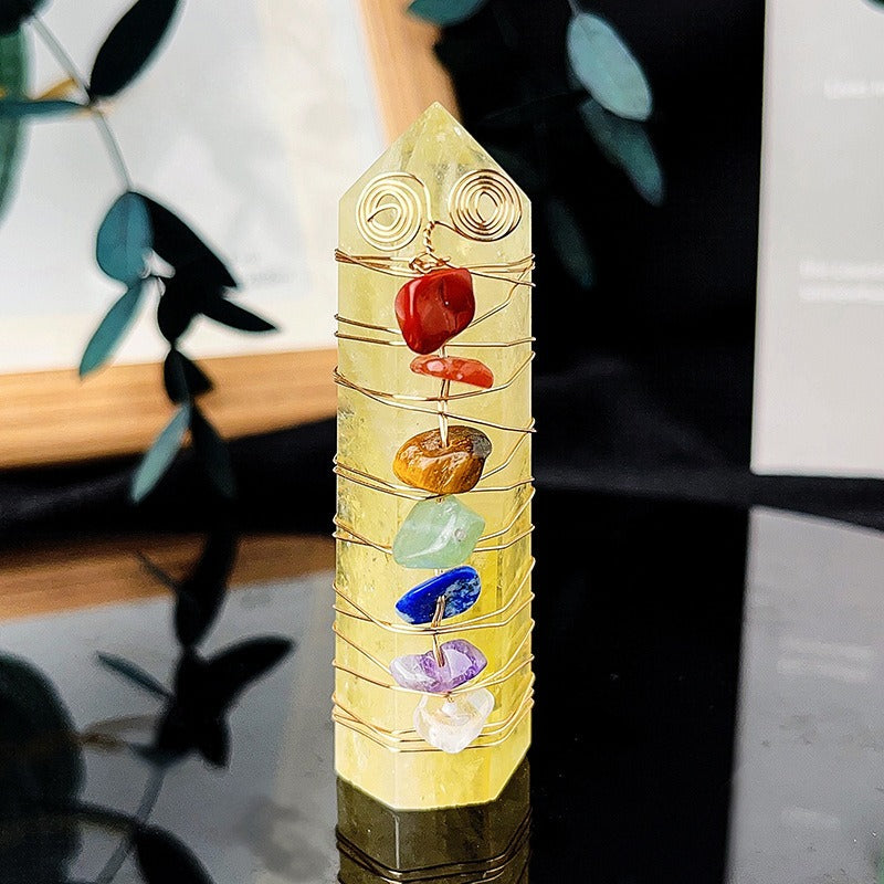Crystal Stone Column Decor with Colorful Chips and Metal Wire